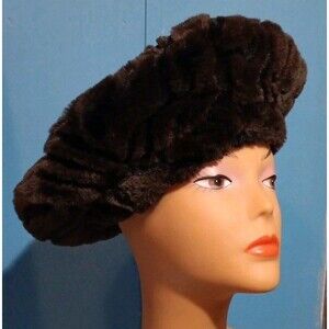 Vintage Women's French Beret Cap Faux Fur Lined Black Made In USA One Size